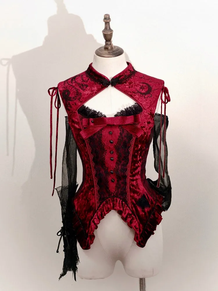 Red Cheongsam Collar Snake Bones Velvet Sleeveless Top