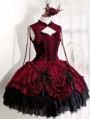 Red Cheongsam Collar Snake Bones Velvet Sleeveless Top