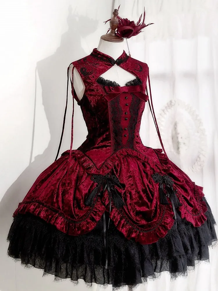 Red Cheongsam Collar Snake Bones Velvet Sleeveless Top