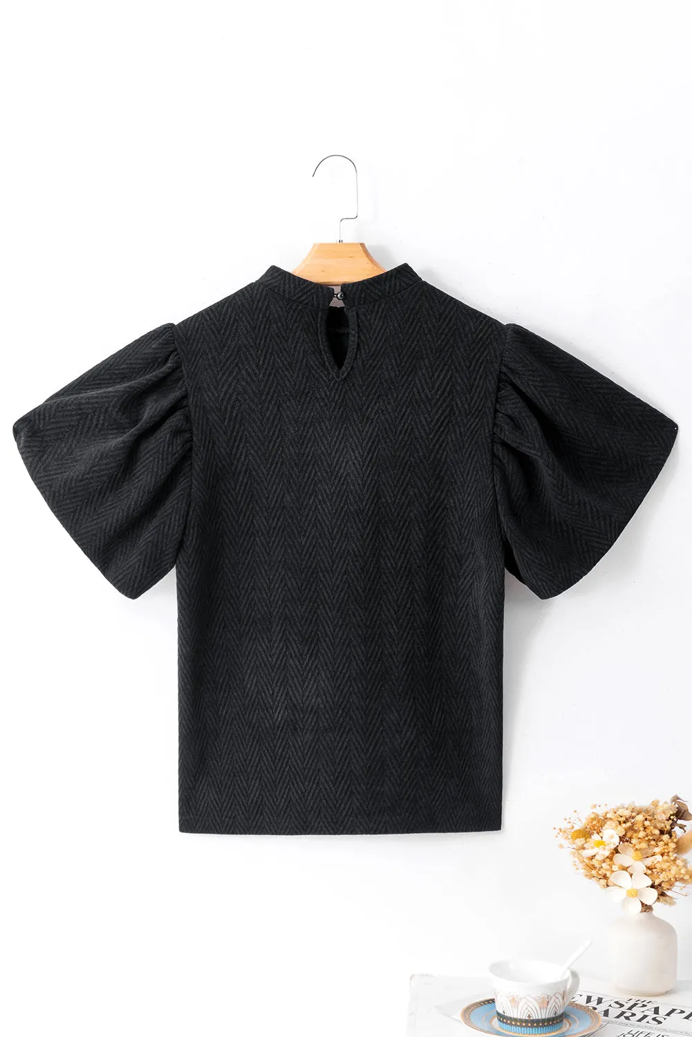 Round Neck Puff Sleeve Blouse Women's Black T Shirt with Short Sleeves Balloon Sleeves