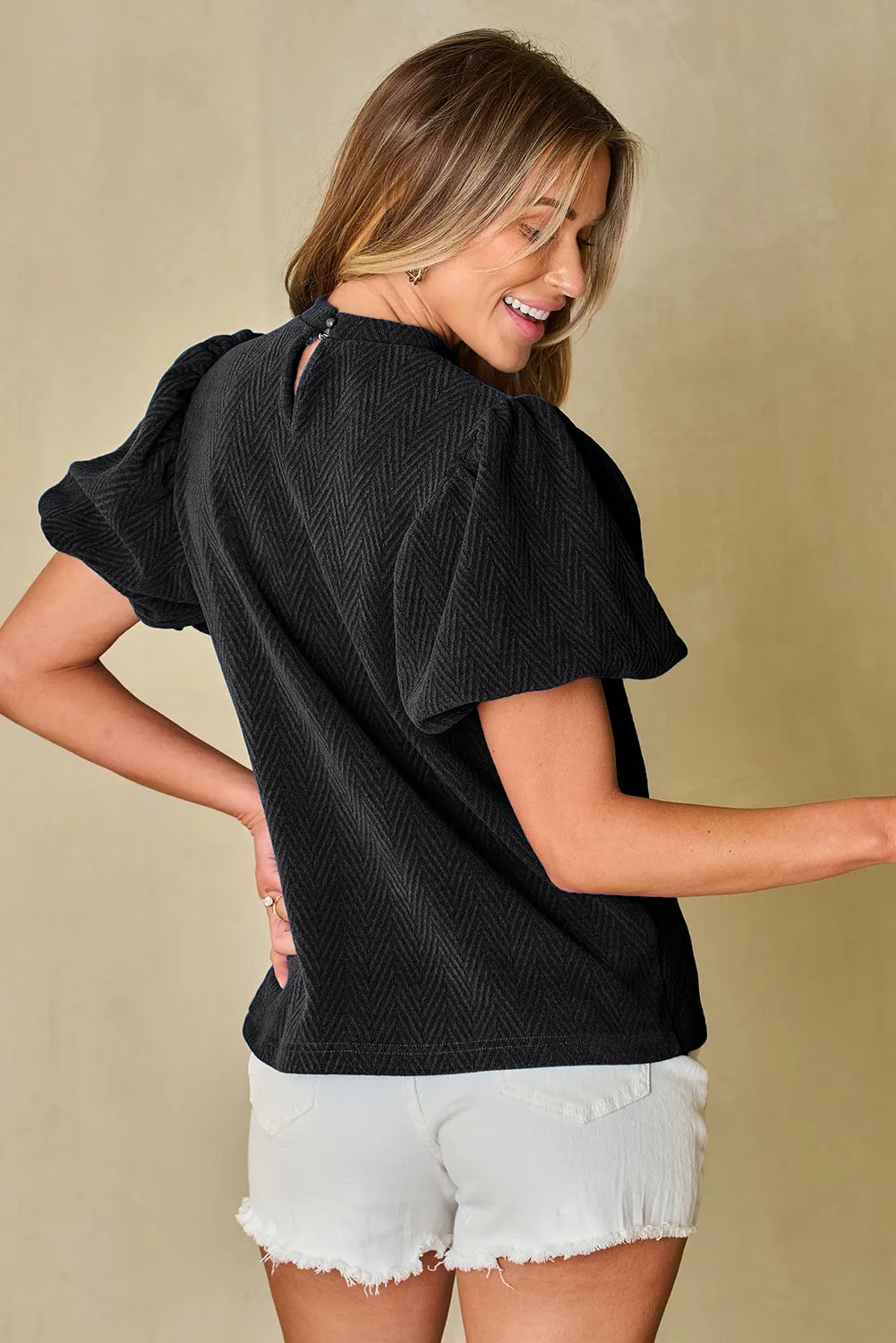Round Neck Puff Sleeve Blouse Women's Black T Shirt with Short Sleeves Balloon Sleeves