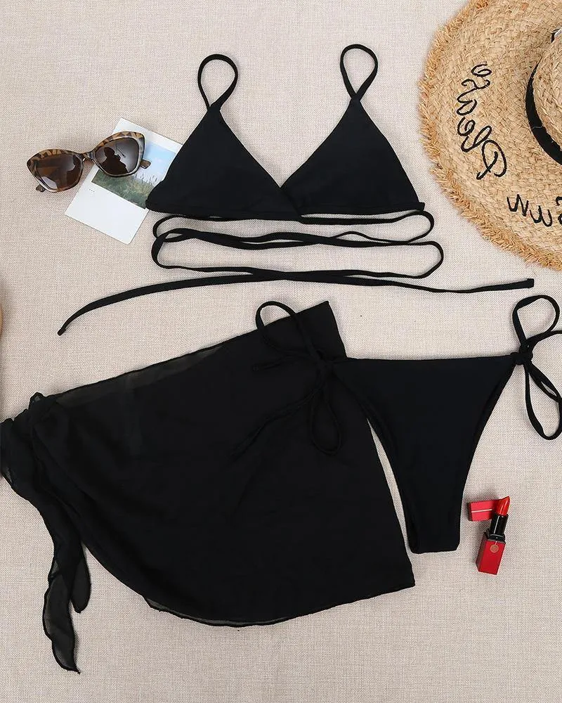 Solid Strap Bra With Panties And Apron 3PS Bikini Sets