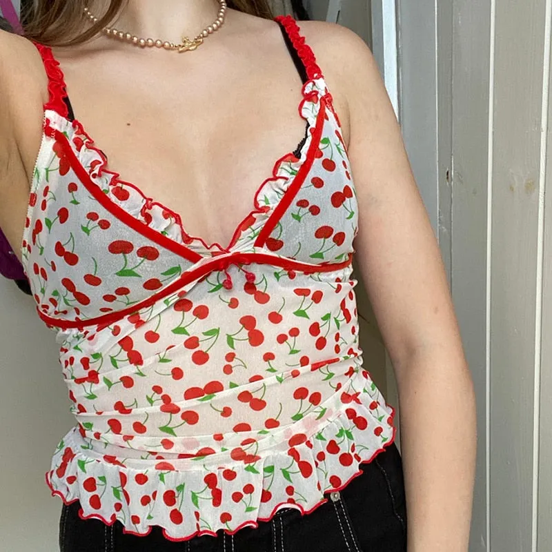 Sweet Spaghetti Strap Deep with Ruffles Cute Summer Cherry Pattern Backless Sleeveless