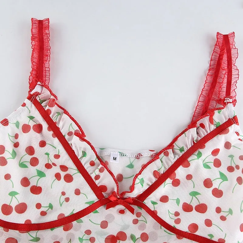 Sweet Spaghetti Strap Deep with Ruffles Cute Summer Cherry Pattern Backless Sleeveless