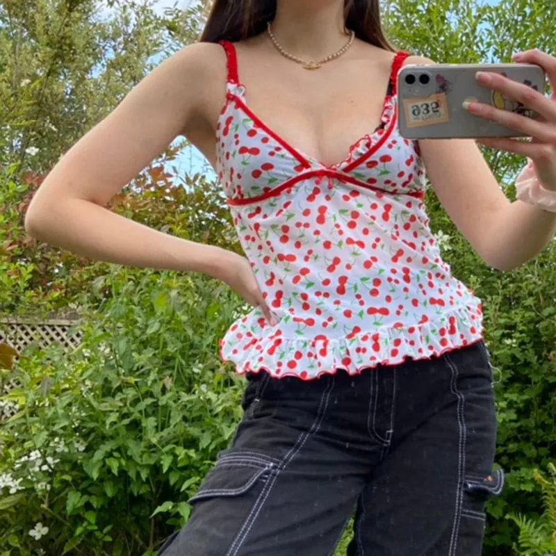 Sweet Spaghetti Strap Deep with Ruffles Cute Summer Cherry Pattern Backless Sleeveless