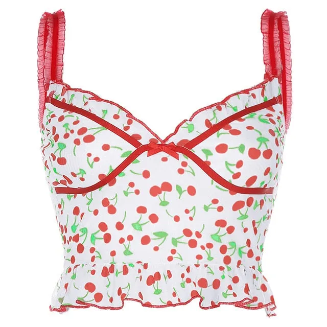 Sweet Spaghetti Strap Deep with Ruffles Cute Summer Cherry Pattern Backless Sleeveless