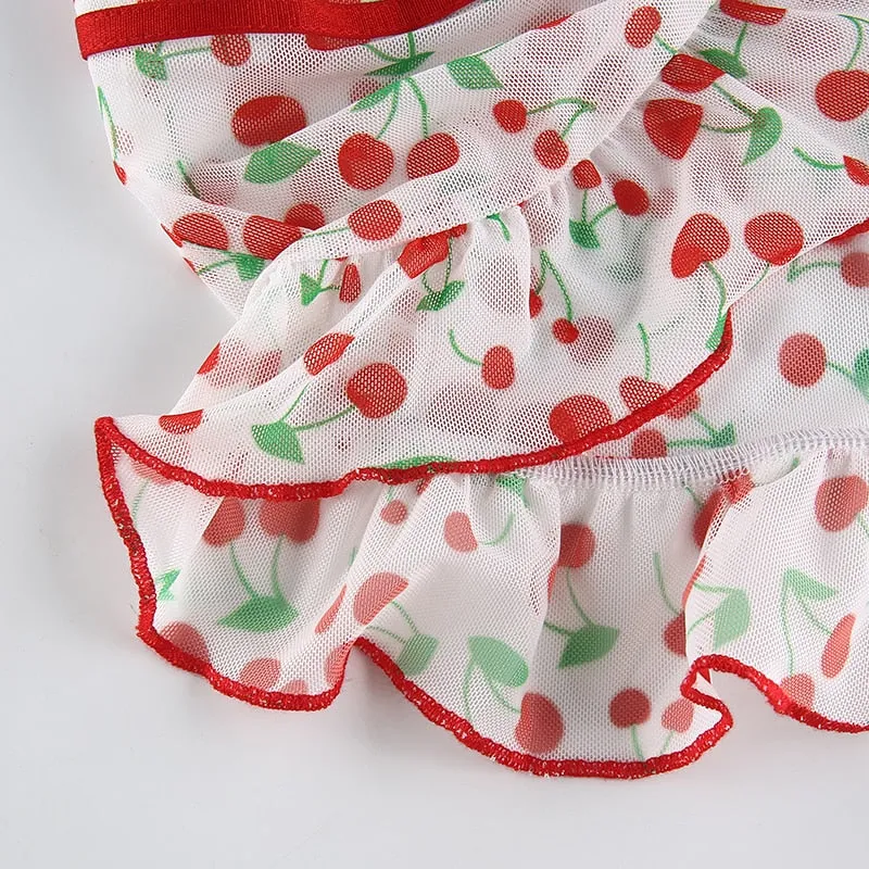 Sweet Spaghetti Strap Deep with Ruffles Cute Summer Cherry Pattern Backless Sleeveless