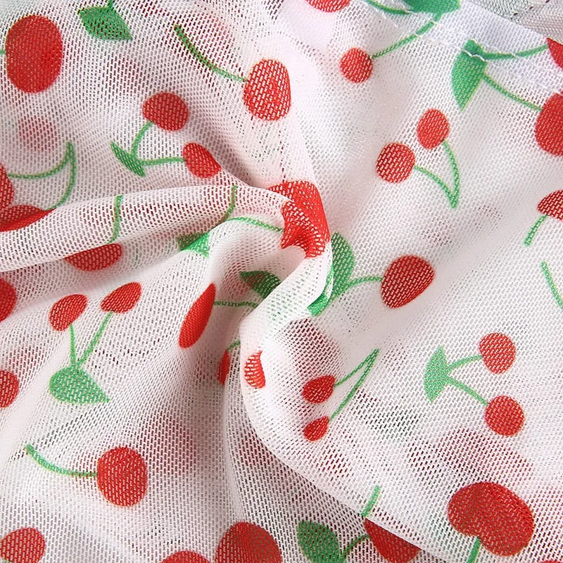 Sweet Spaghetti Strap Deep with Ruffles Cute Summer Cherry Pattern Backless Sleeveless