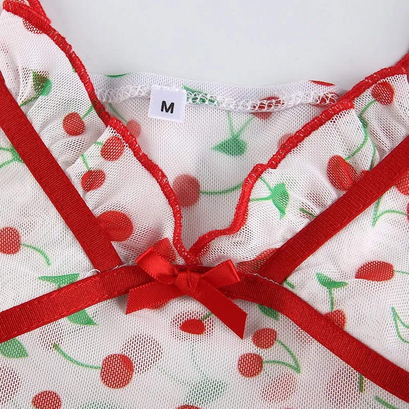 Sweet Spaghetti Strap Deep with Ruffles Cute Summer Cherry Pattern Backless Sleeveless