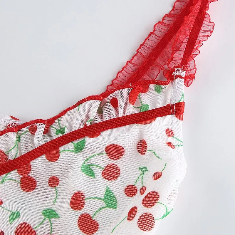 Sweet Spaghetti Strap Deep with Ruffles Cute Summer Cherry Pattern Backless Sleeveless