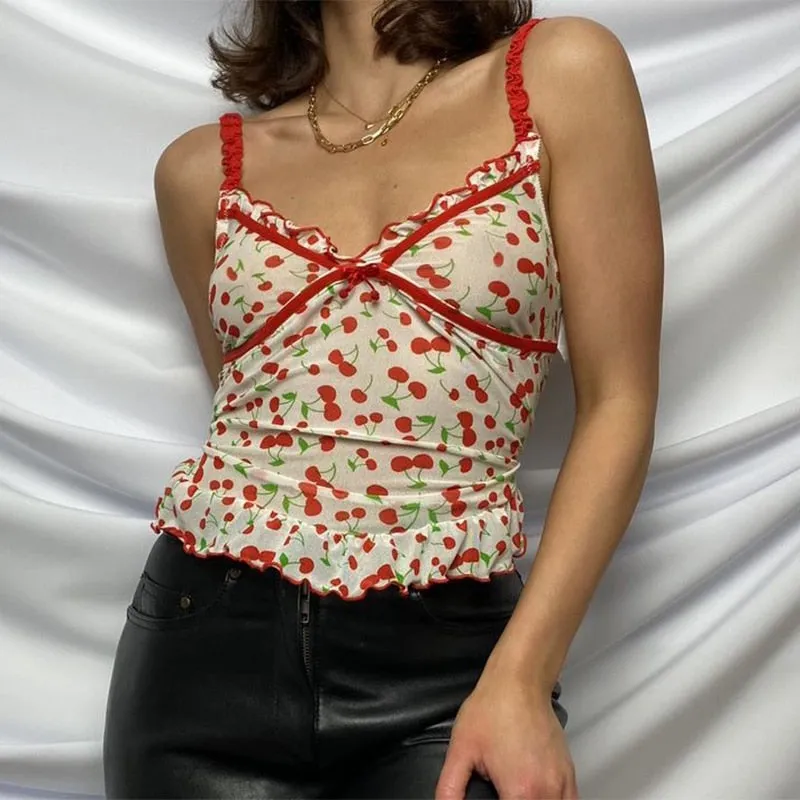 Sweet Spaghetti Strap Deep with Ruffles Cute Summer Cherry Pattern Backless Sleeveless