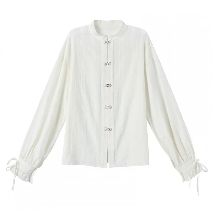 White Cheongsam Style Shirt with Self-tie Strap at Cuff