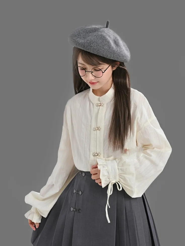 White Cheongsam Style Shirt with Self-tie Strap at Cuff