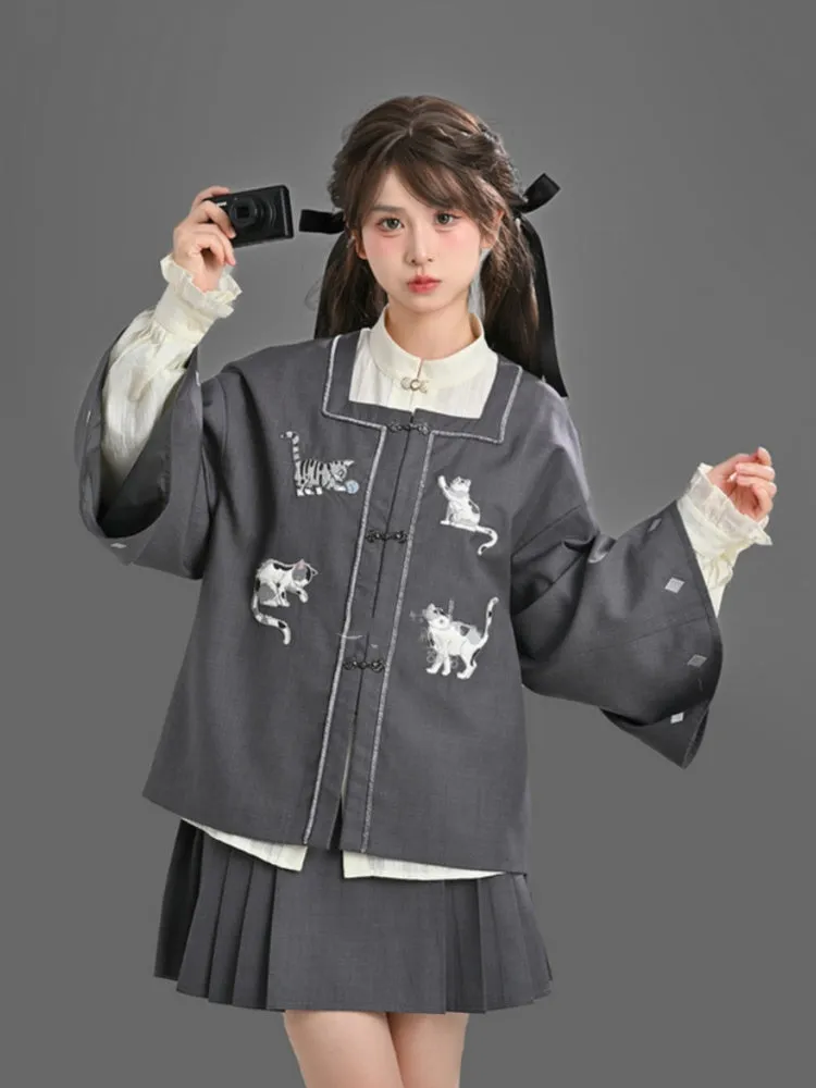 White Cheongsam Style Shirt with Self-tie Strap at Cuff