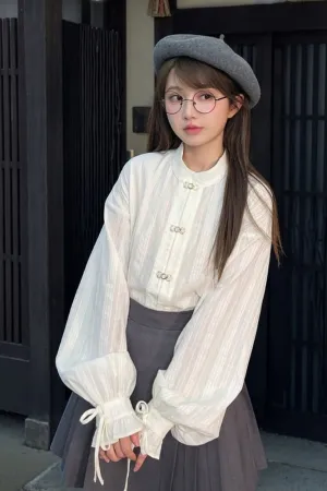 White Cheongsam Style Shirt with Self-tie Strap at Cuff