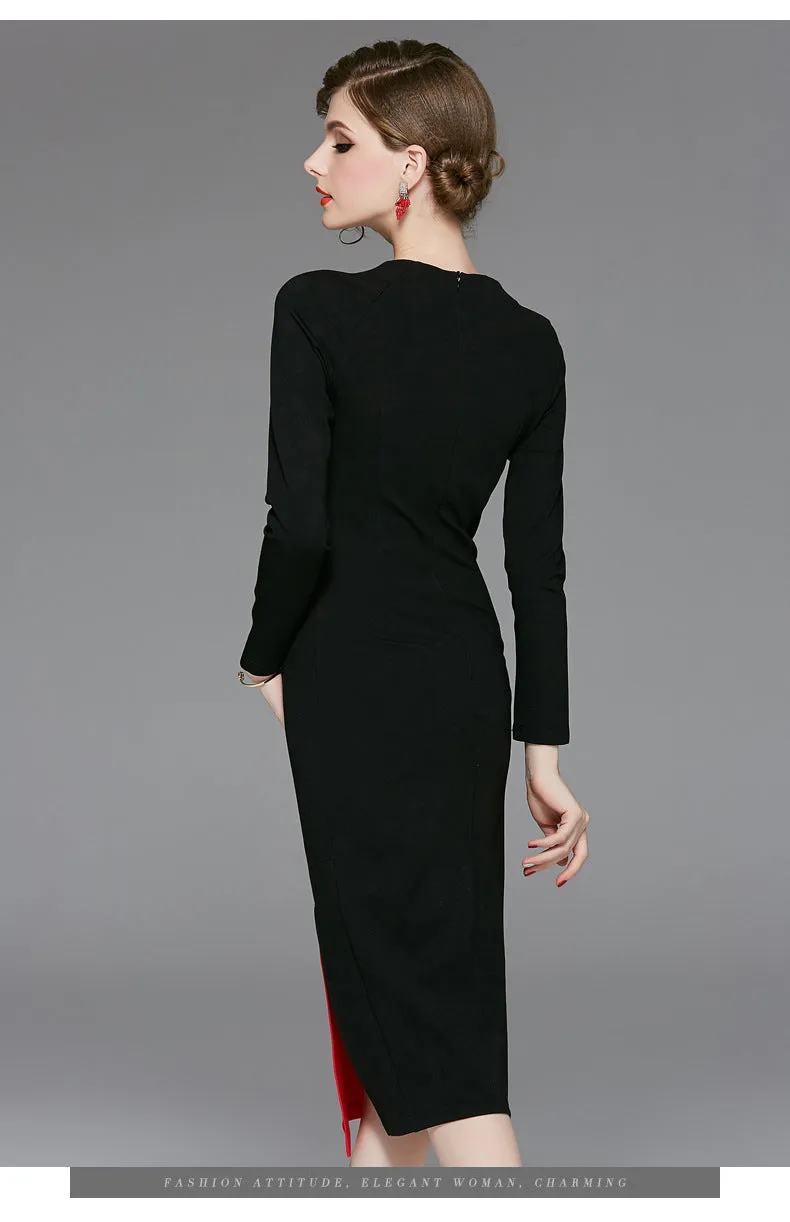 Wjczt Spring 2022 women&#39;s new high-end retro dresses improved cheongsam color contrast celebrity hip long sleeve dress