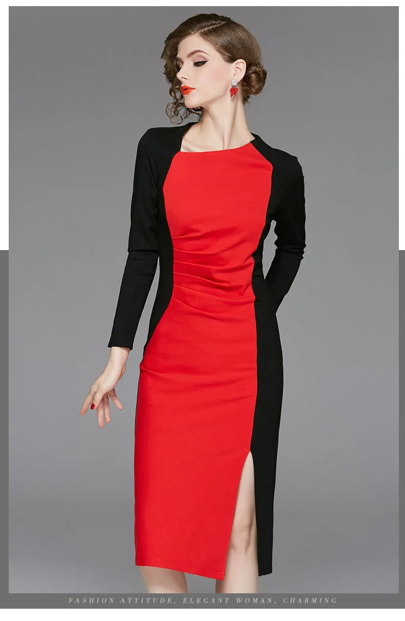 Wjczt Spring 2022 women&#39;s new high-end retro dresses improved cheongsam color contrast celebrity hip long sleeve dress
