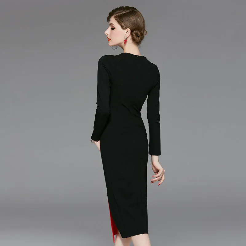 Wjczt Spring 2022 women&#39;s new high-end retro dresses improved cheongsam color contrast celebrity hip long sleeve dress