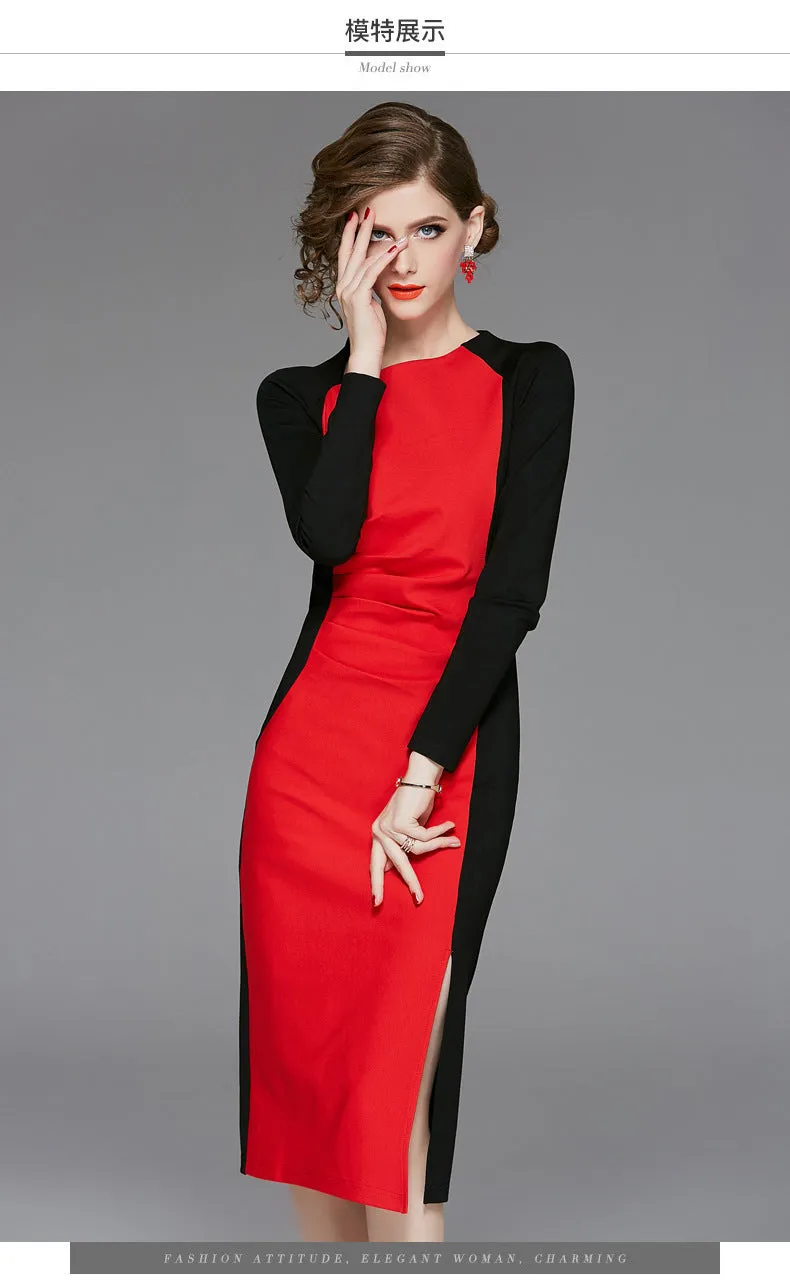 Wjczt Spring 2022 women&#39;s new high-end retro dresses improved cheongsam color contrast celebrity hip long sleeve dress