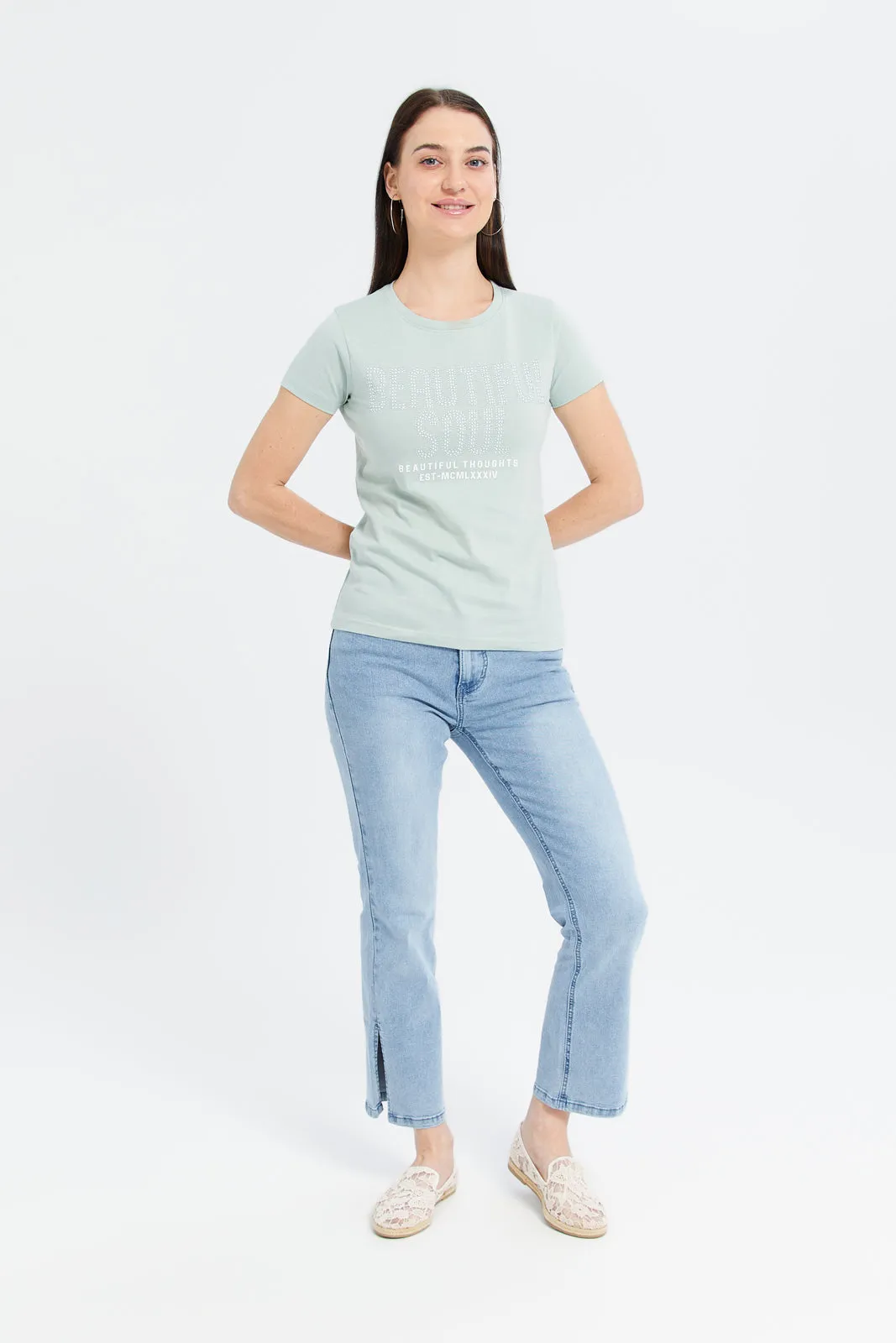 Women Mint Beautiful Embellished T-Shirt