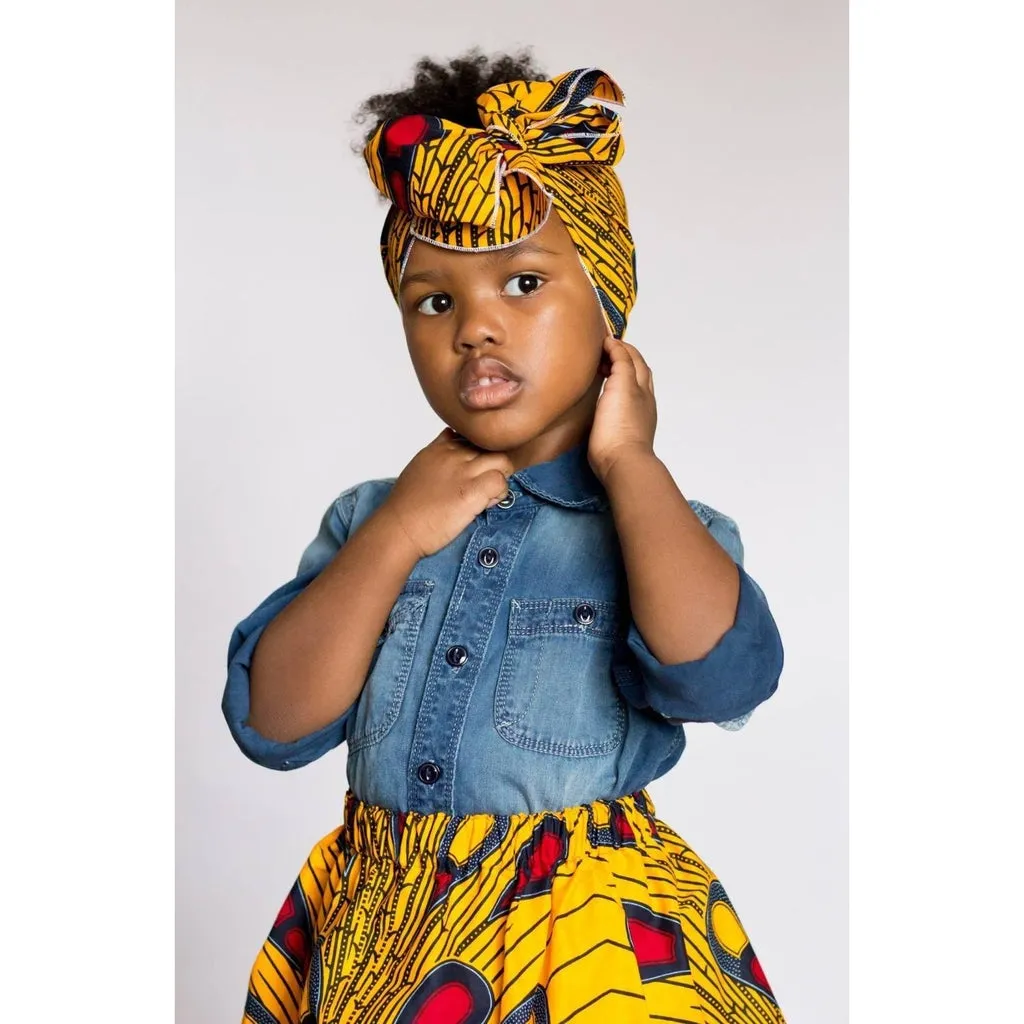 Yellow African Ankara Skirt with Head Wrap
